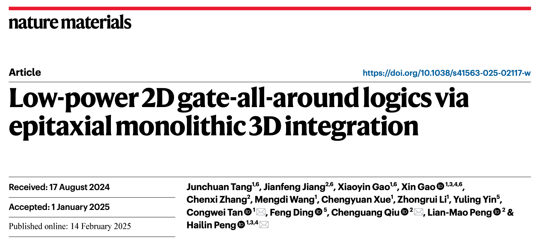 北京大学化学学院彭海琳课题组与合作者报道首例低功耗二维环栅晶体管