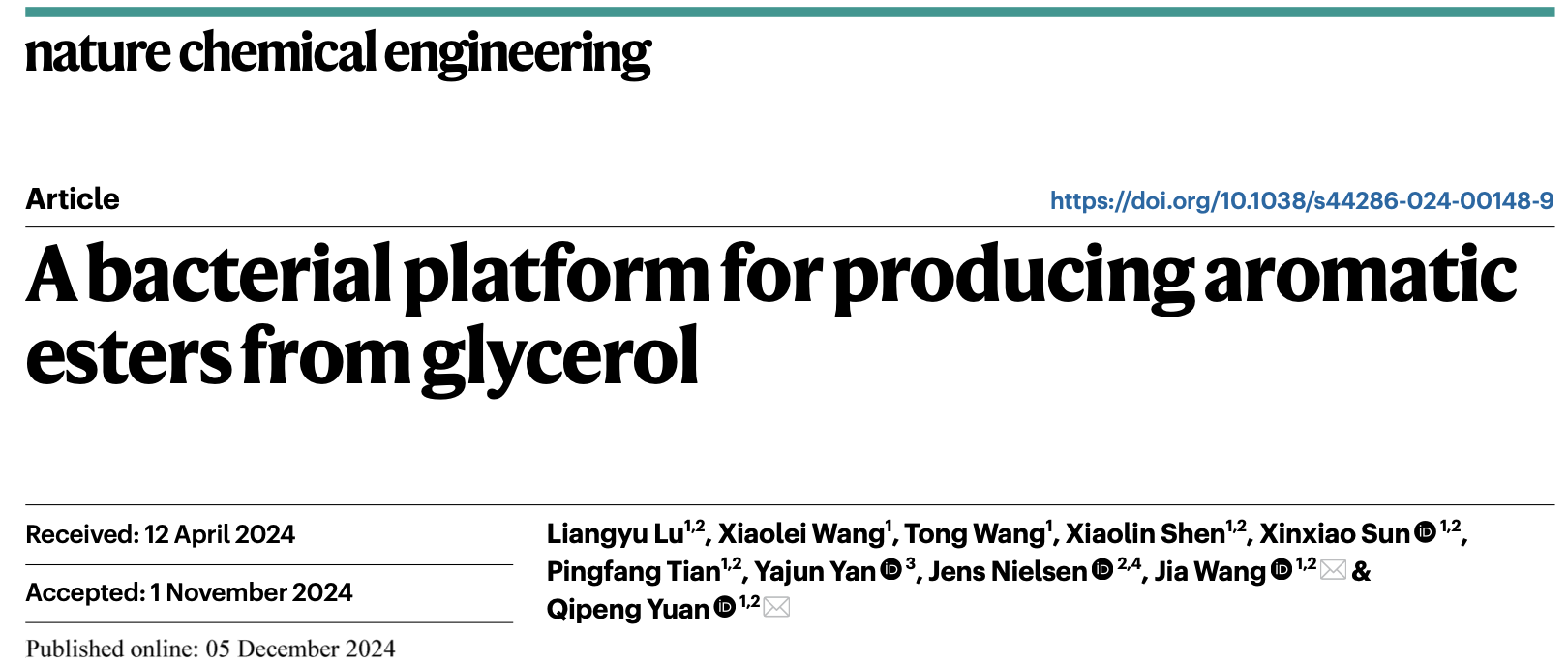 北京化工大学袁其朋/王佳课题组在Nature Chemical Engineering刊发最新研究成果