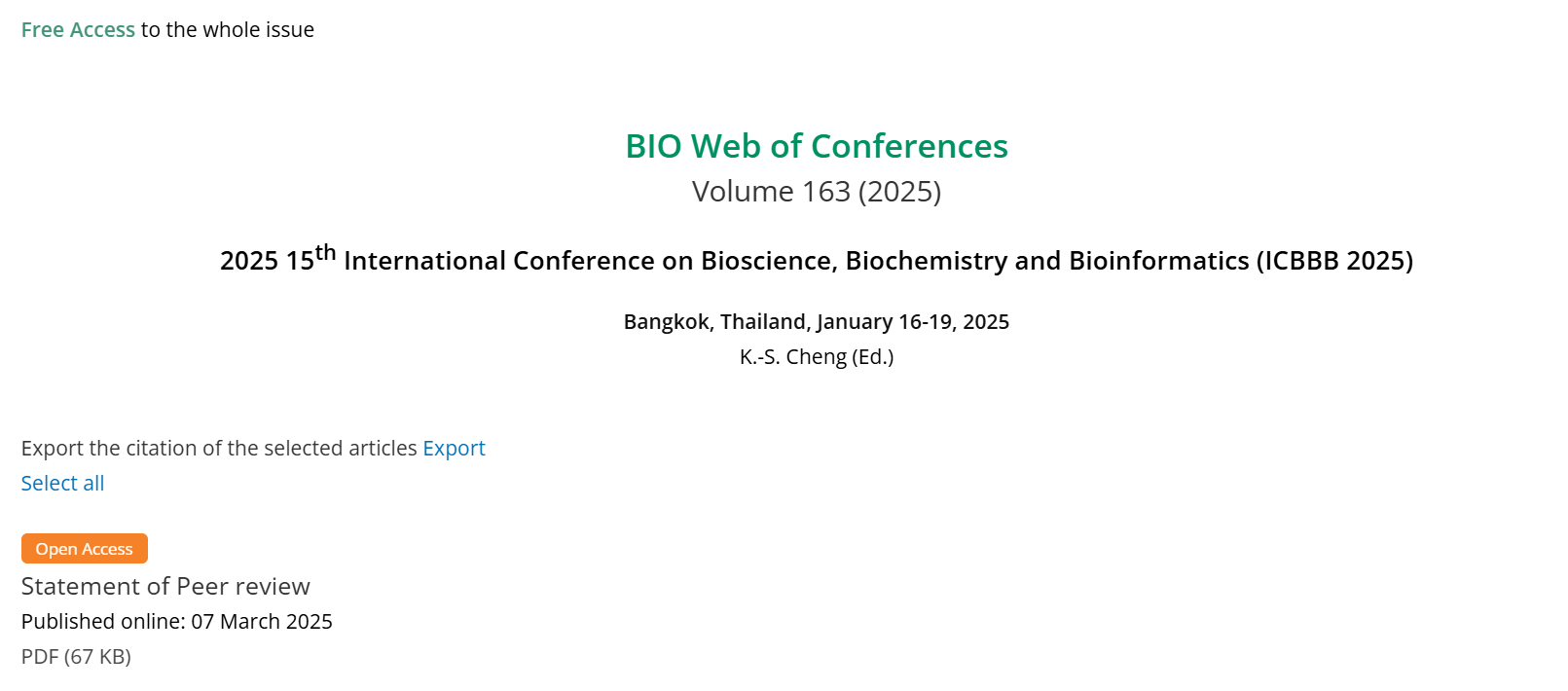 2026年第十六届生物科学，生物化学和生物信息学国际会议 (ICBBB 2026)