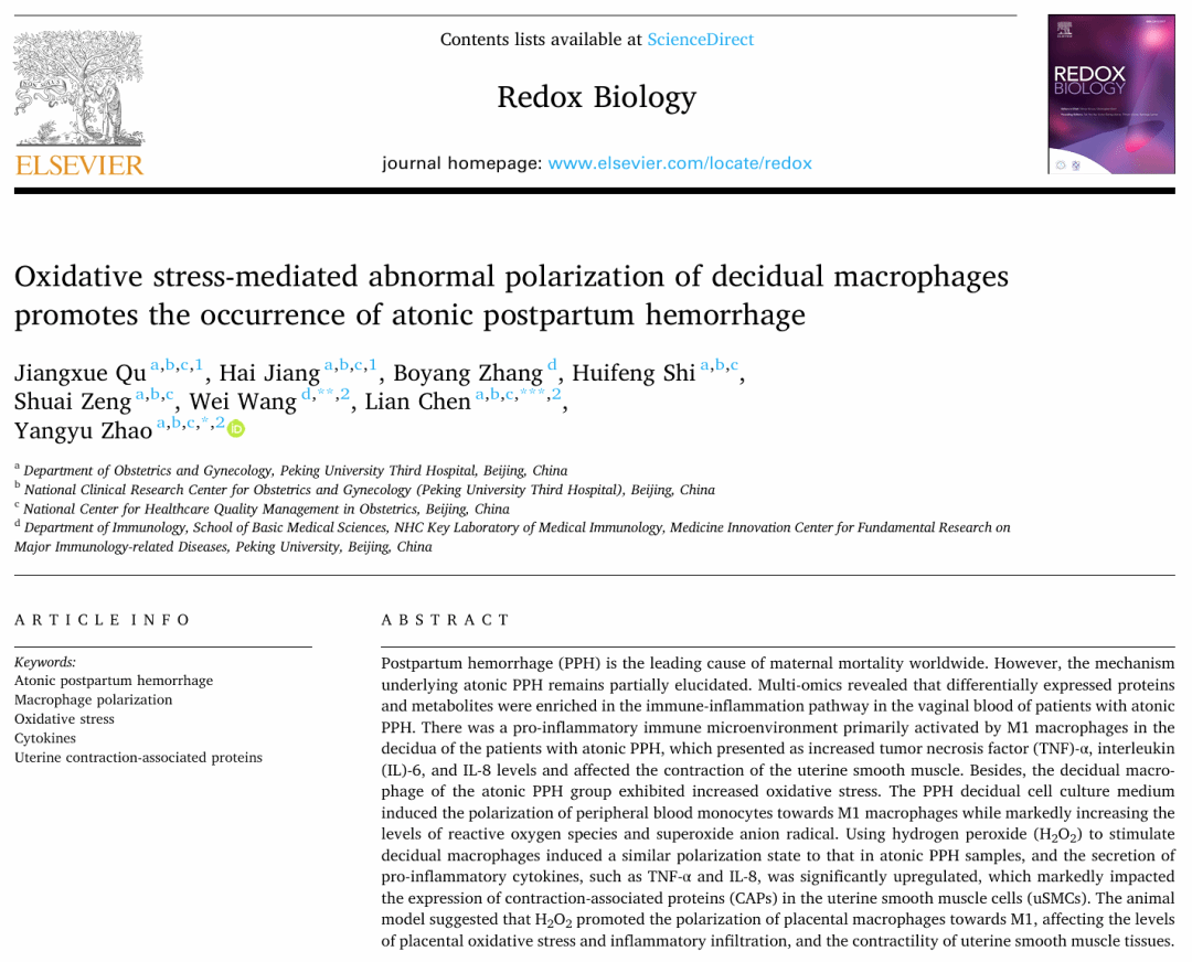 北京大学北京大学第三医院赵扬玉研究团队与合作者发现子宫收缩乏力性产后出血新机制