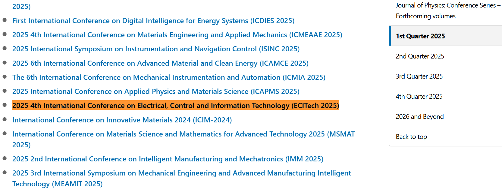 第四届电气、控制与信息技术国际学术会议（ECITech 2025）