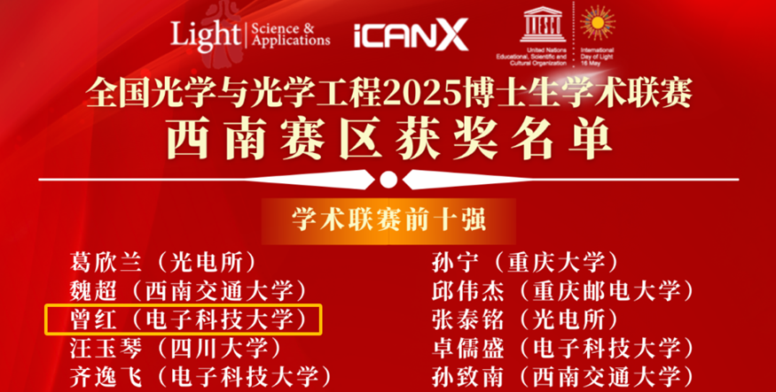 电子科技大学基础院博士生曾红斩获全国光学与光学工程2025博士生学术联赛（西南赛区）二等奖