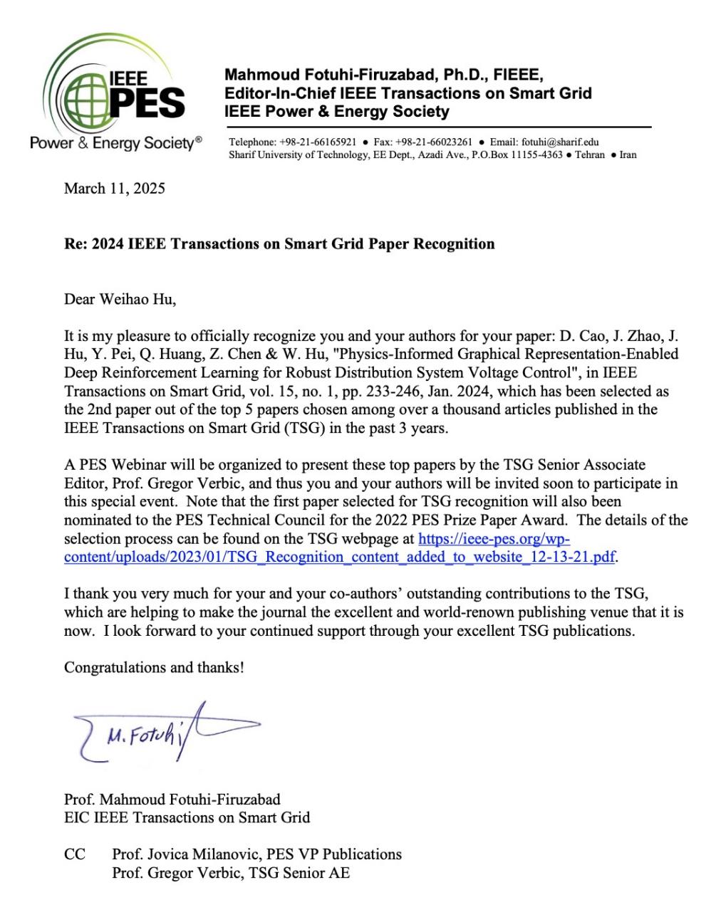 电子科技大学机电学院曹迪副教授获2024年度IEEE Transactions on Smart Grid年度最佳论文奖