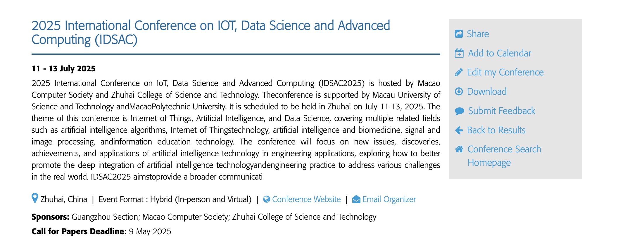IEEE出版｜2025年物联网、数据科学与先进计算国际学术会议(IDSAC2025)