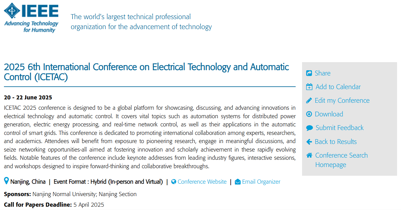 第六届电气技术与自动控制国际学术会议（ICETAC 2025）