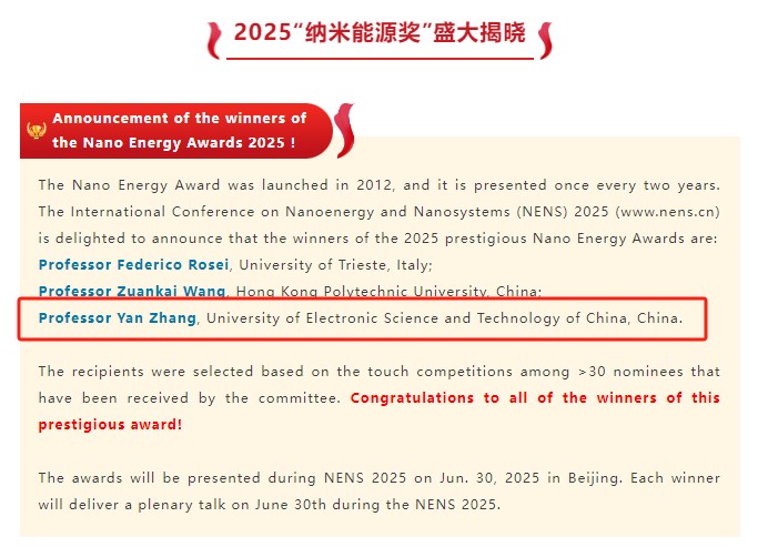 电子科技大学物理学院张岩教授荣获2025年度“纳米能源奖”