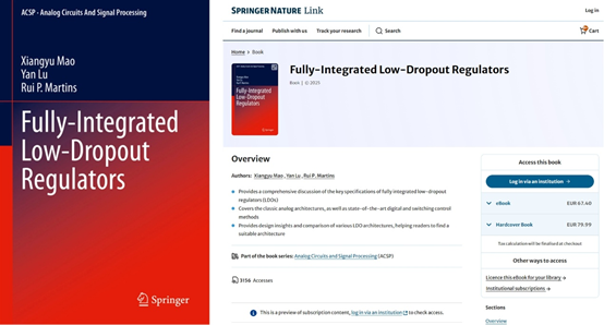 电子科技大学集成电路学院毛翔宇教授等人的英文专著《Fully-Integrated Low-Dropout Regulators》由Springer Nature出版
