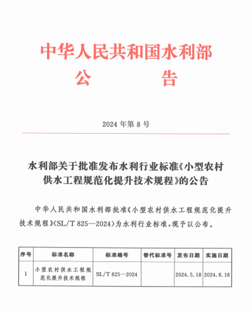 中国水科院主编的水利行业标准《小型农村供水工程规范化提升技术规程》发布