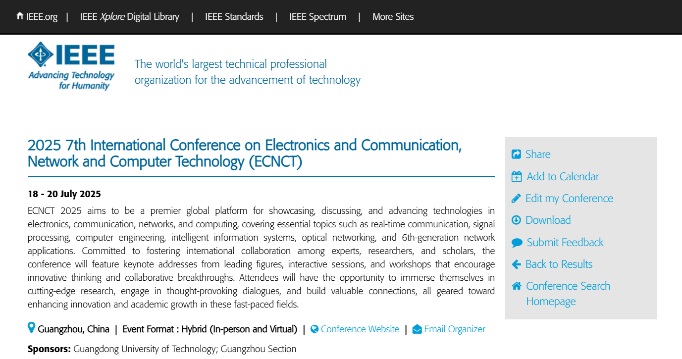 第七届电子与通信，网络与计算机技术国际学术会议（ECNCT 2025）