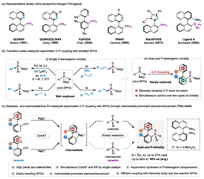 上海交大刘家旺团队通过同步动态动力学不对称转化与动力学拆分的钯催化碳膦偶联反应合成轴膦双手性三级膦氧化合物