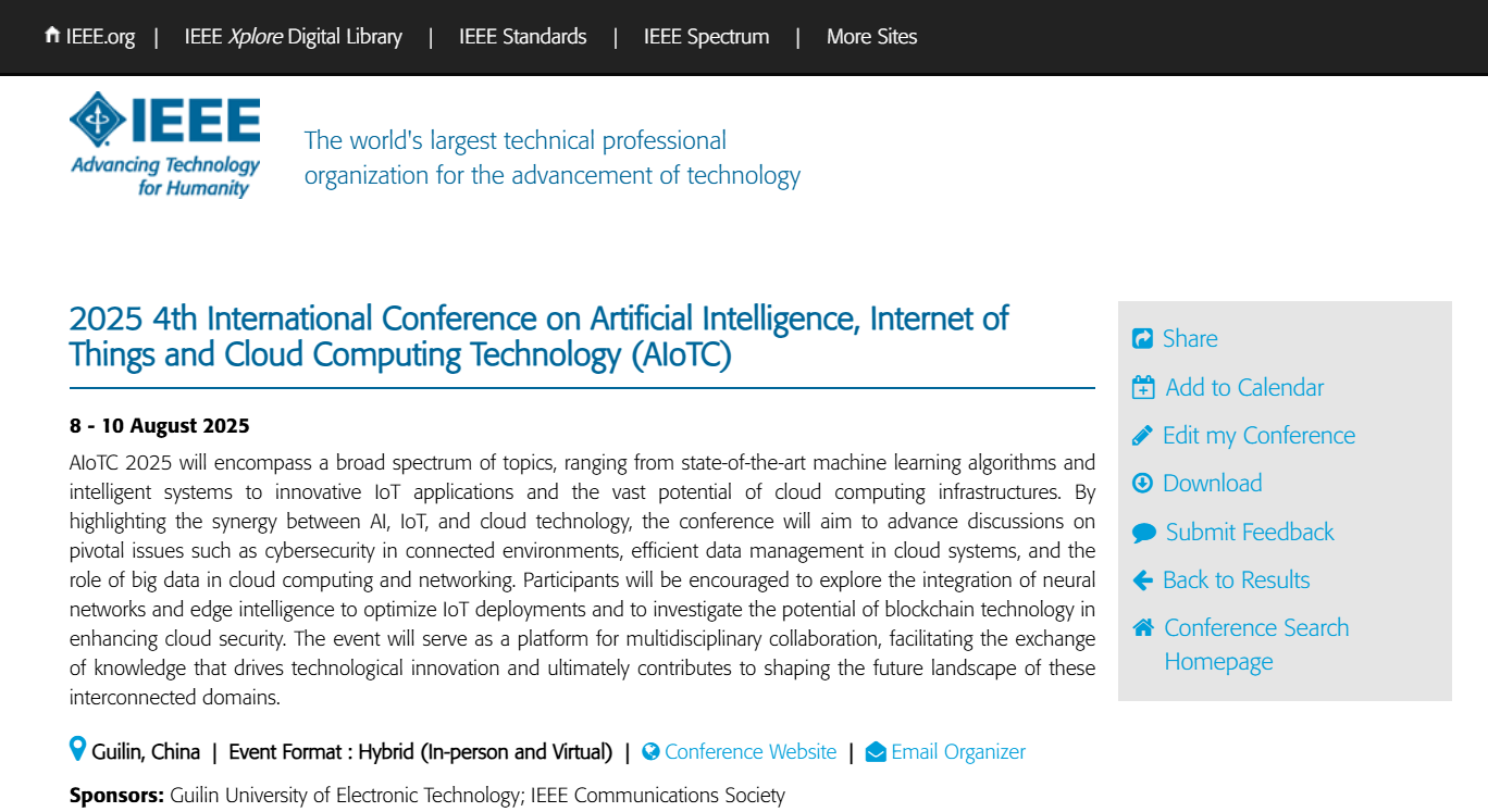 第四届人工智能、物联网和云计算技术国际会议（AIoTC 2025）