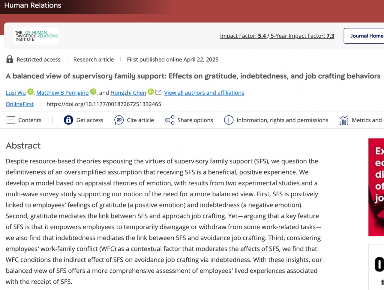电子科技大学经管学院吴璐斯副教授在国际高水平期刊Human Relations发表研究成果