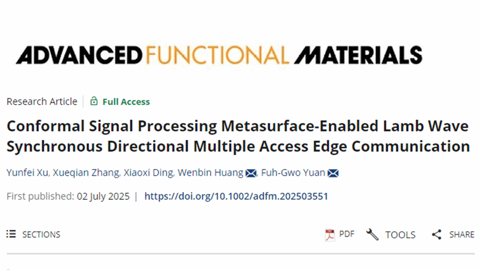 重庆大学黄文彬教授在自然指数期刊《Advanced Functional Materials》发表固体超声通信研究成果