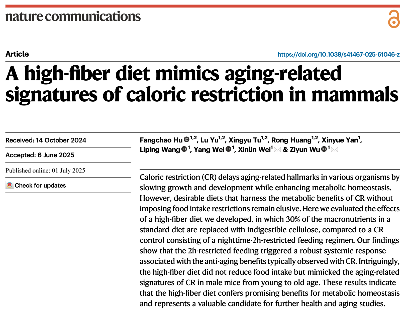 上海交大吴紫云团队开发一种理想的高纤维抗衰饮食方案，无需挨饿也能模拟节食抗衰老