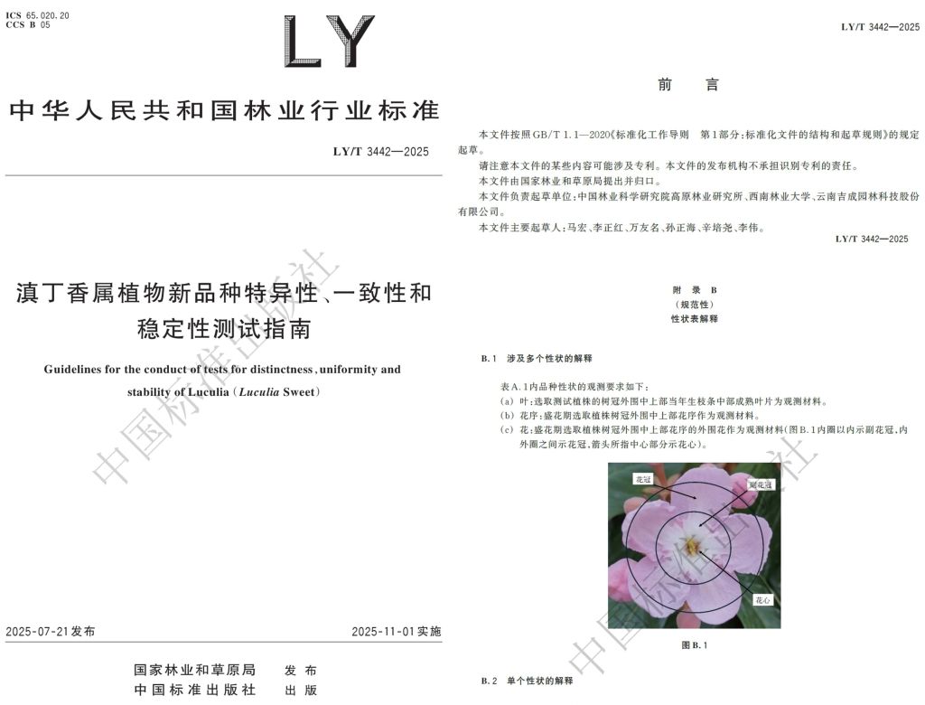 高原所牵头制定的林业行业标准《滇丁香属植物新 品种特异性、一致性和稳定性测试指南》正式发布