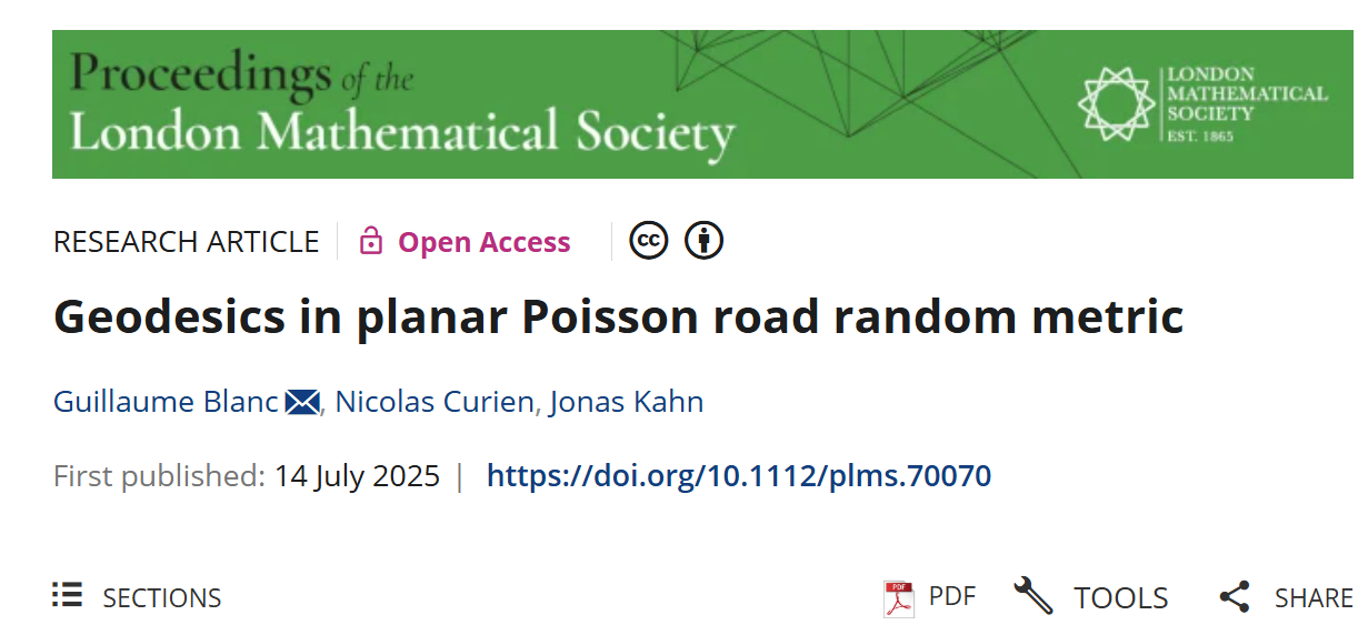 电子科技大学数学学院Jonas KAHN教授在Proceedings of the London Mathematical Society发表学术论文