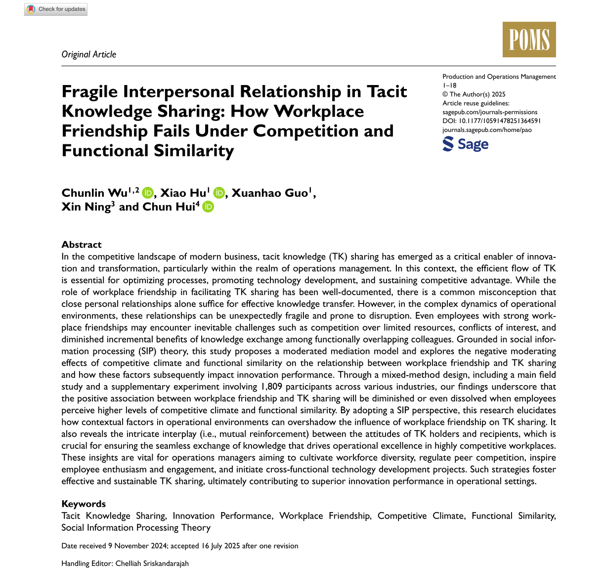北京航空航天大学北航经管学院吴春林副教授在《Production and Operations Management》期刊发表最新研究成果
