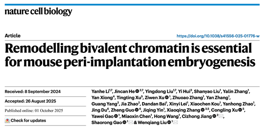 生命科学与技术学院刘文强/高绍荣/江赐忠团队研究成果发表于《自然—细胞生物学》,揭示围着床期胚胎二价染色质动态重塑的开关