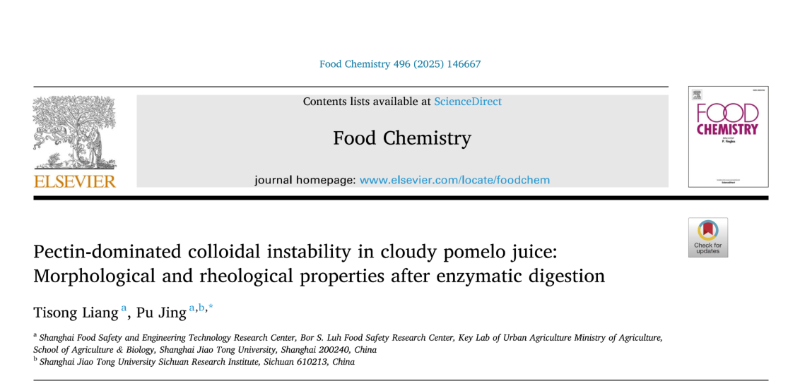 上海交大敬璞教授团队揭示浑浊柚子汁中果胶主导的胶体不稳定性:酶消化后其形态和流变特性