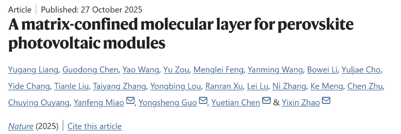 上海交大赵一新团队Nature发文,以“基质限域分子层”型电荷传输层设计实现高效率大面积钙钛矿光伏模组