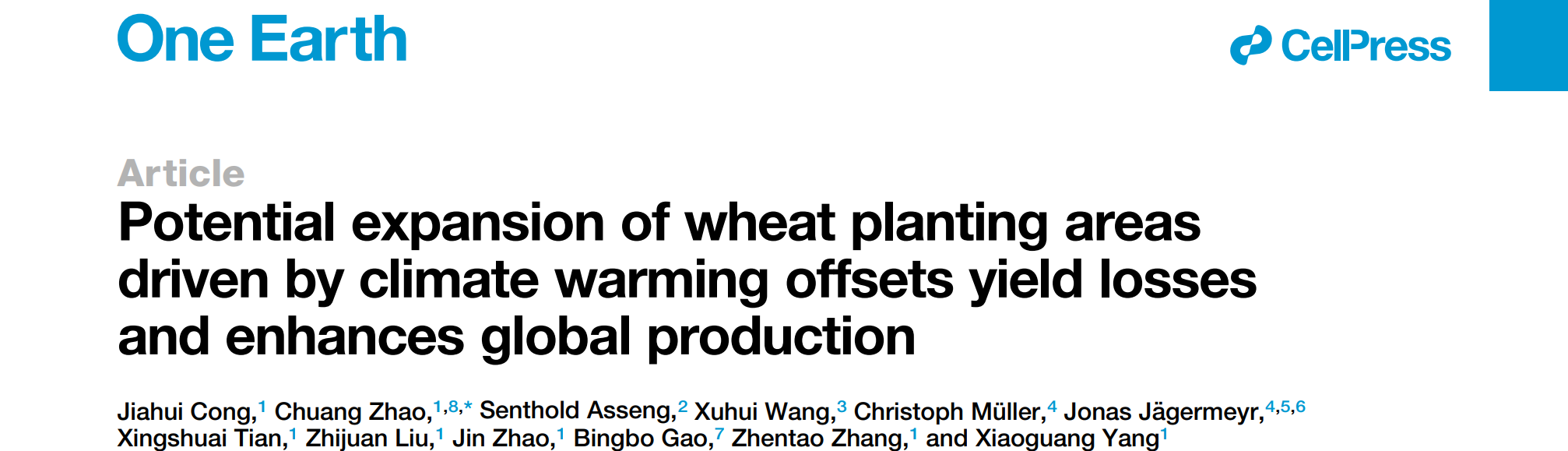 中国农业大学资环学院赵闯、杨晓光教授团队揭示气候变暖下全球小麦种植区扩张潜力足以抵消单产损失