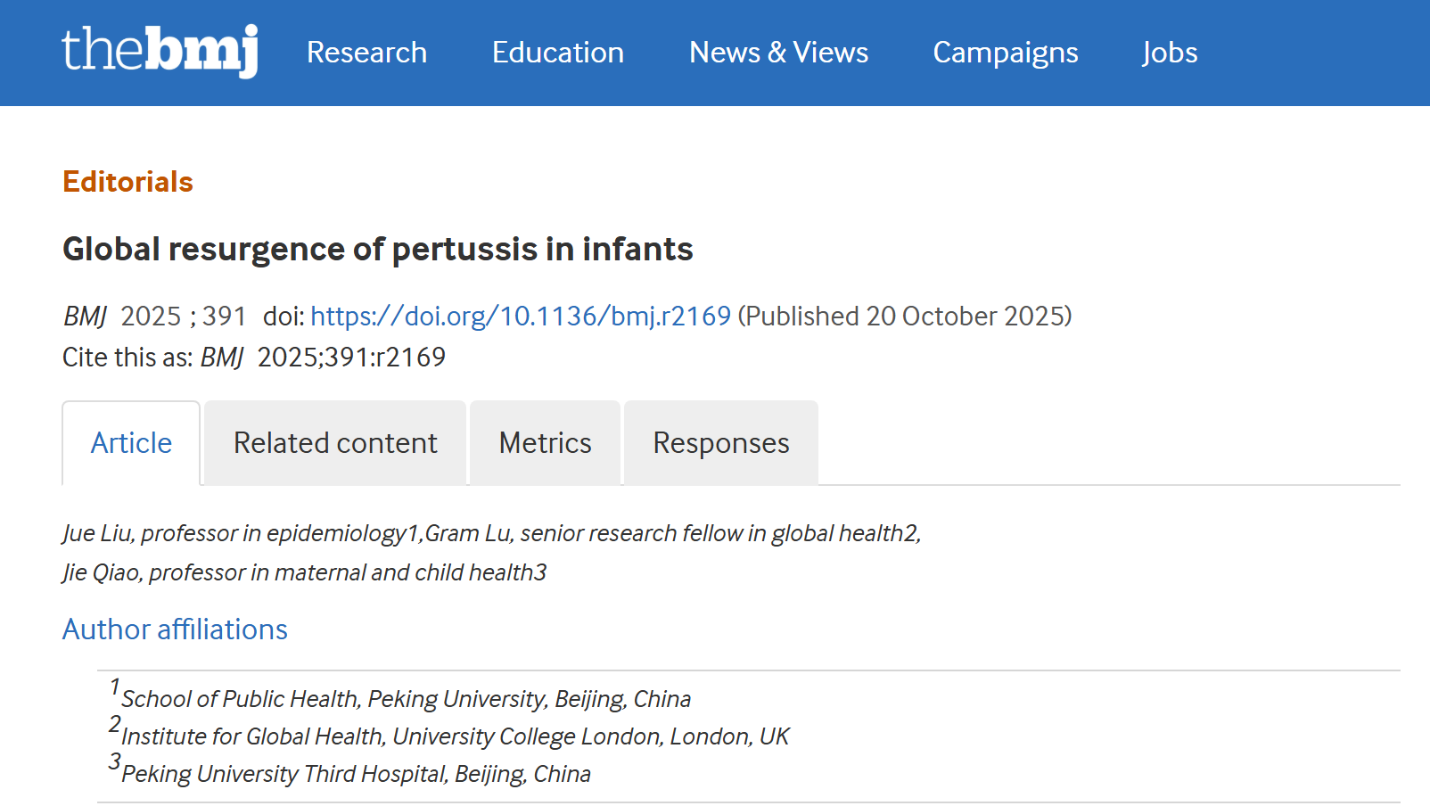 北京大学医学部刘珏/乔杰联合团队研究揭示全球百日咳再现之谜