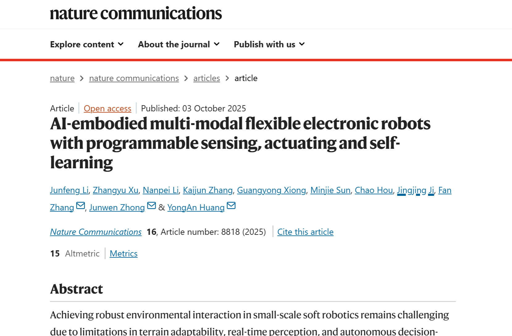 华中科技大学机械学院黄永安教授团队取得多模态柔性电子机器人合作科研成果