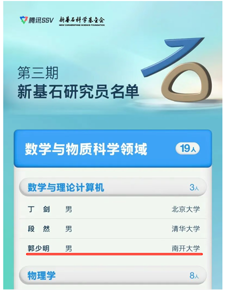 南开大学讲席教授入选新基石研究员名单