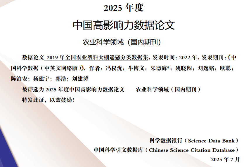 中国农业大学土地学院冯权泷副教授团队成果入选“中国高影响力数据论文”及“优秀共享开放遥感数据集”