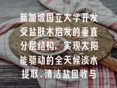 新加坡国立大学开发受盐肤木启发的垂直分层结构，实现太阳能驱动的全天候淡水提取、清洁盐回收与自生电力收集