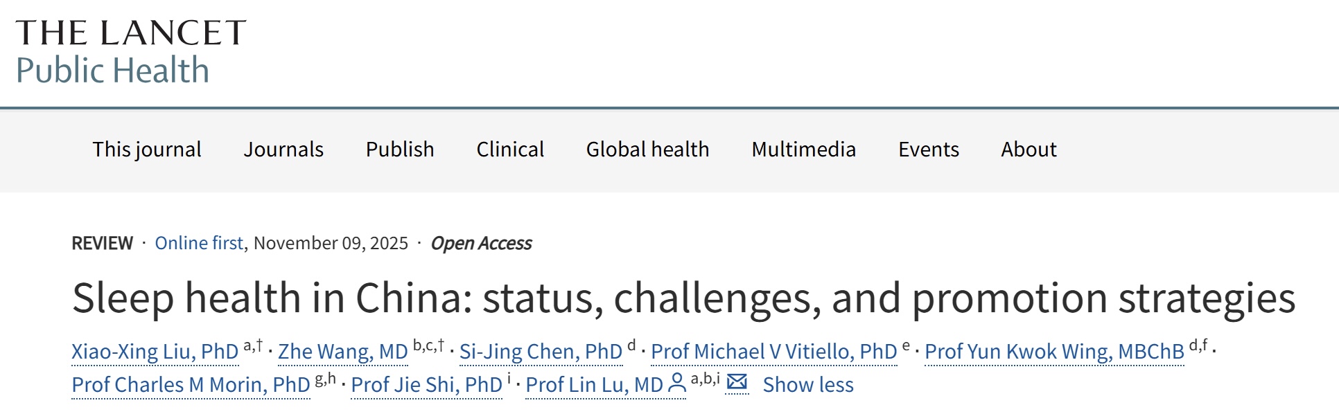 北京大学北大第六医院陆林院士团队发表综述文章,揭示中国睡眠健康的现状、挑战和应对策略