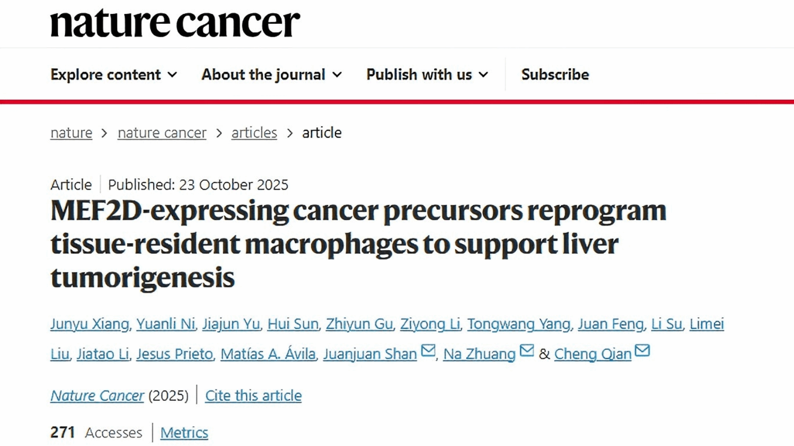 重庆大学附属肿瘤医院钱程教授团队在《Nature cancer》发表研究成果