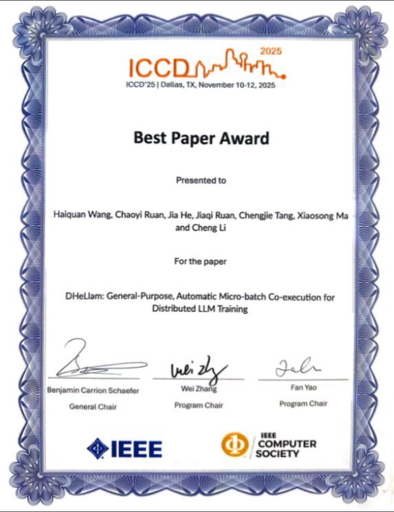 中国科大大模型并行训练系统研究成果荣获IEEEICCD2025唯一最佳论文奖