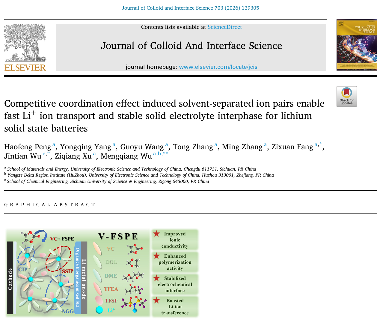 电子科技大学材料学院本科生在Journal of Colloid and Interface Science上发表论文