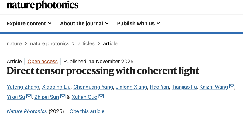 上海交大郭旭涵、苏翼凯、王开志及合作团队发表相干光张量处理的最新进展