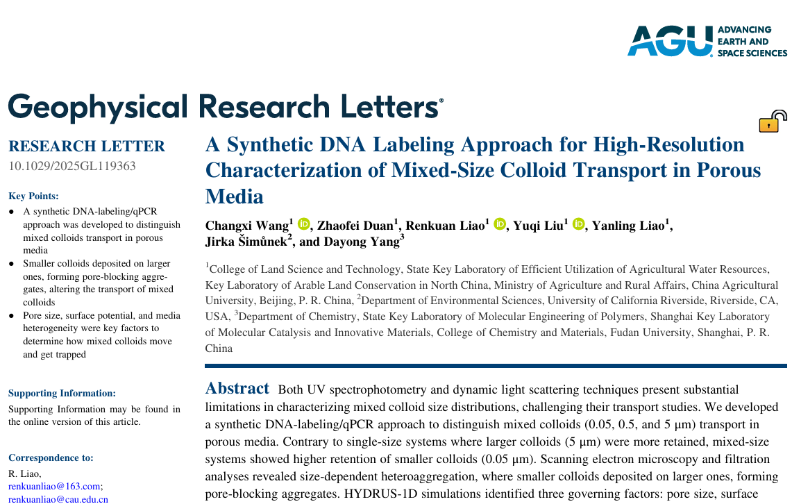 中国农业大学土地学院廖人宽教授课题组在合成DNA片段标记技术应用于解析混合粒径胶体迁移机制方面取得新进展