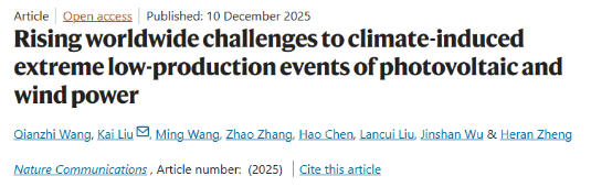 北京师范大学国家安全与应急管理学院教授刘凯团队在Nature Communications发文揭示气候变化导致的光伏与风电极低产出事件风险增加