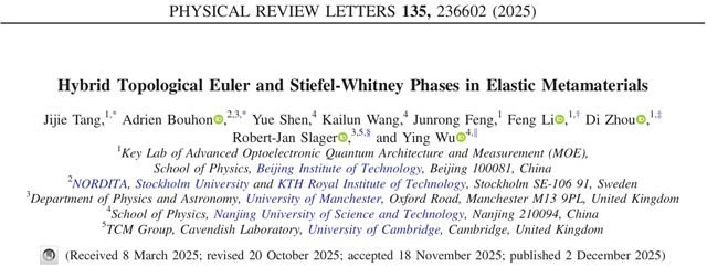 北理工团队基于弹性超材料的矢量波实现混合拓扑Euler和Stiefel-Whitney相