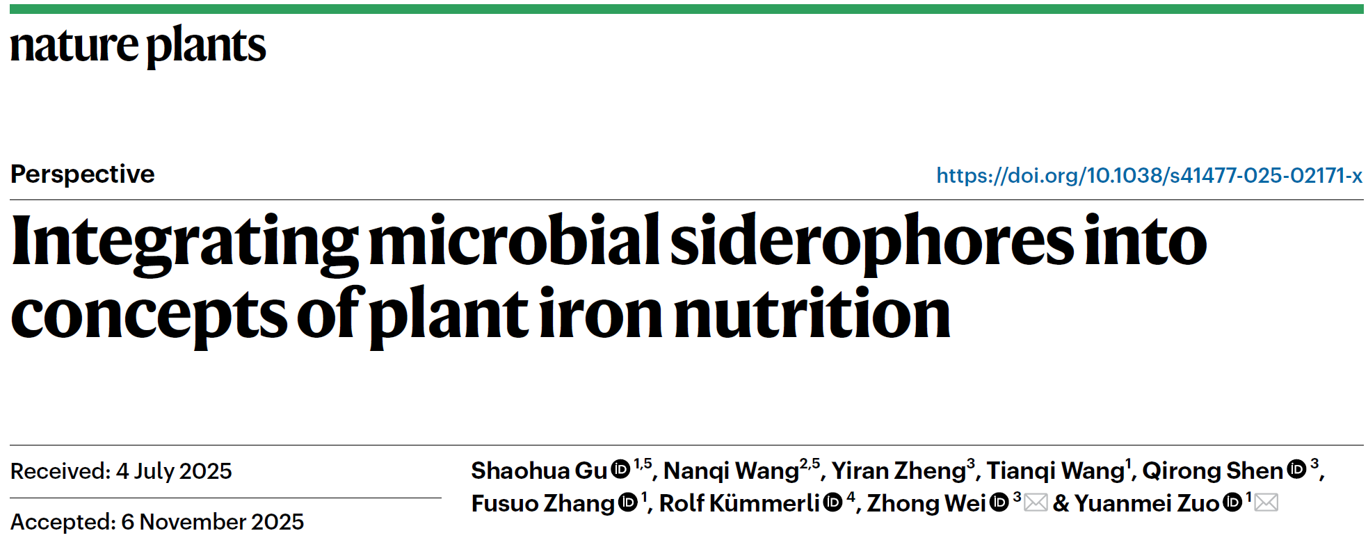 中国农业大学资环学院张福锁院士团队顾少华青年研究员、左元梅教授联合南京农业大学沈其荣院士团队韦中教授合作提出微生物铁载体驱动植物铁营养新范式