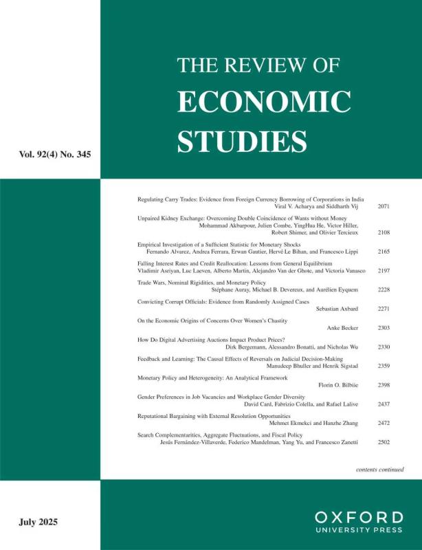 上海交大安泰经管学院喻洋副教授在REVIEW OF ECONOMIC STUDIES发表论文