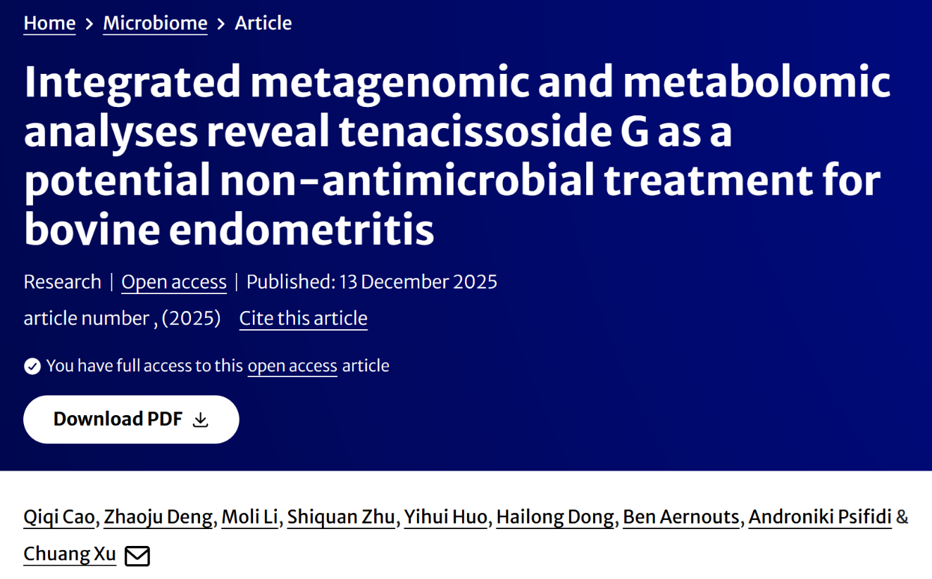 中国农业大学动医学院徐闯教授团队解析奶牛子宫内膜炎子宫微生态特征 挖掘替代抗生素治疗潜在药物通关藤苷G