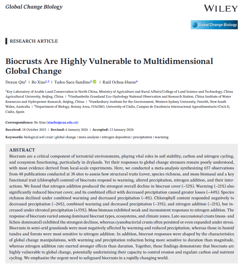 中国农业大学土地学院肖波教授团队发文揭示全球变化显著增加了生物结皮的退化风险