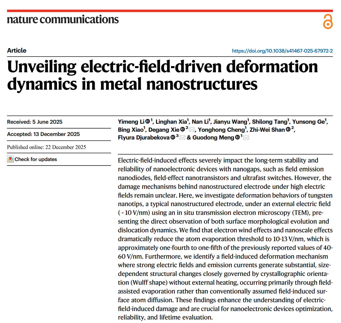 西安交大孟国栋教授团队在微纳尺度真空绝缘领域取得重要进展