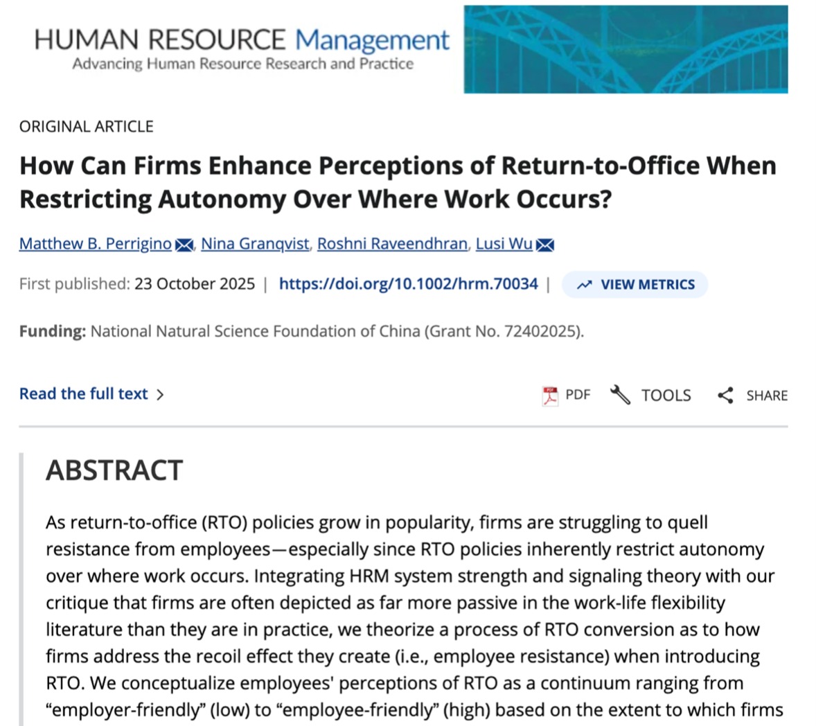 电子科技大学经管学院吴璐斯副教授在国际高水平期刊Human Resource Management发表研究成果