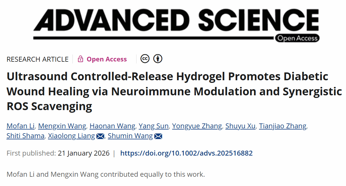 北京大学北京大学第三医院超声医学科王淑敏、梁晓龙团队在《先进科学》发文，为糖尿病创面愈合提供新策略