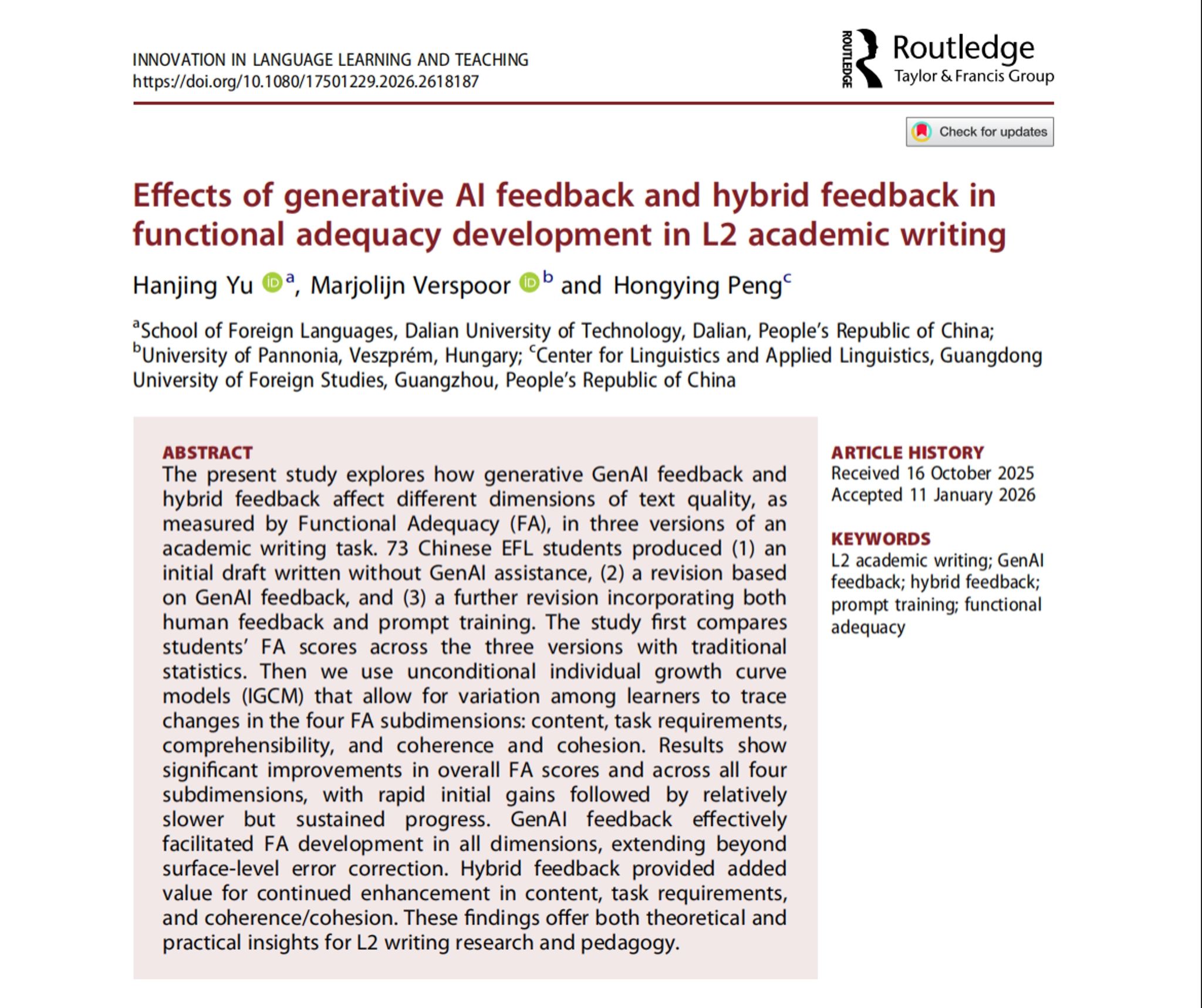 大连理工大学外国语学院教师在国际语言学期刊发表数智外语教学新成果