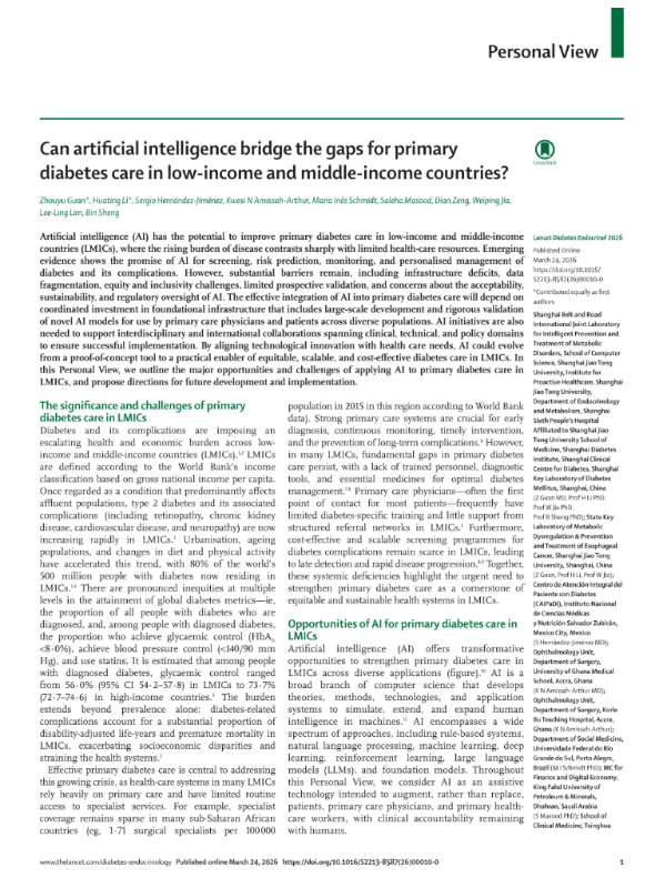 上海交大计算机学院盛斌教授联合南方国家学者发文：警惕基层糖尿病AI医疗中的“弱医生化”倾向