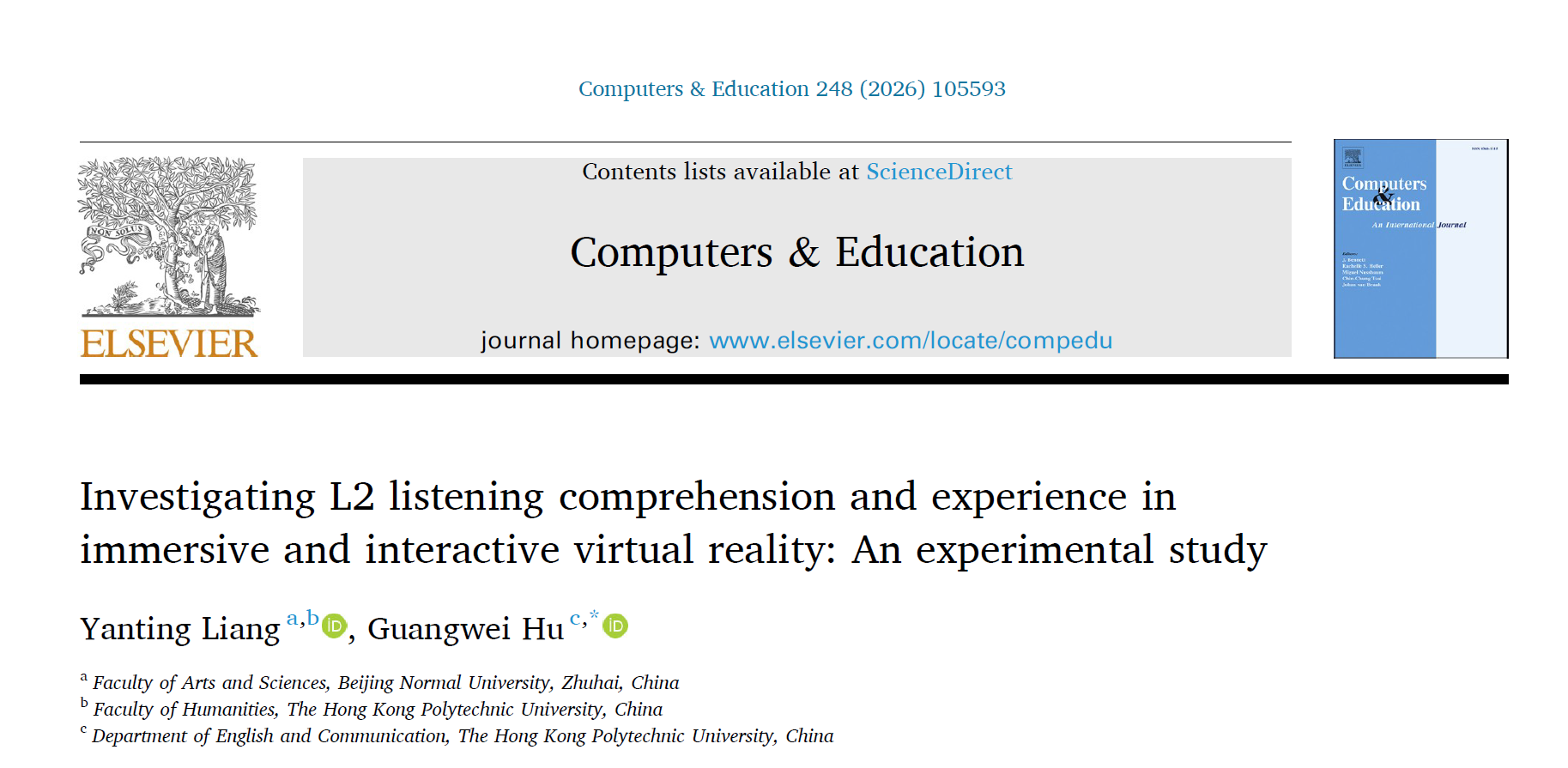 北京师范大学文理学院梁燕婷团队在《Computers & Education》发表VR听力研究重要成果