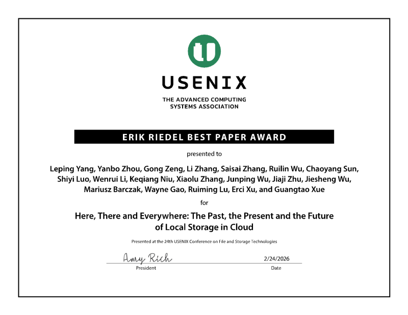 上海交大计算机学院智能软件与系统研究所OASIS课题组再获国际存储顶会USENIX FAST最佳论文奖