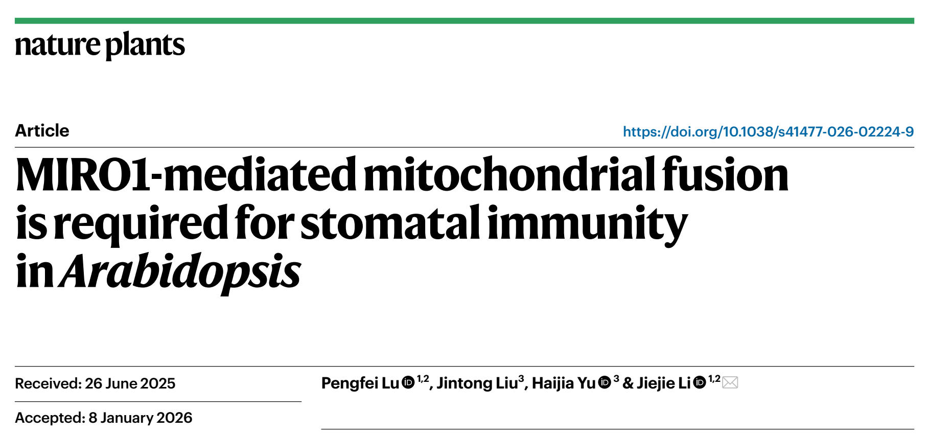 北京师范大学生命科学学院教授李杰婕团队在《Nature Plants》发文揭示线粒体融合调控植物气孔免疫的分子机制